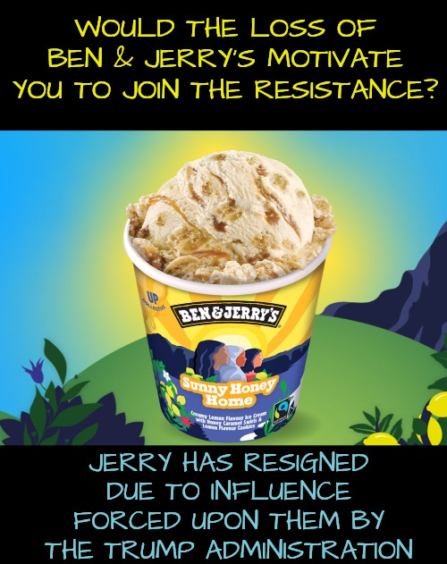 Enough is Enough: Mom, I joined the Resistance | WOULD THE LOSS OF BEN & JERRY'S MOTIVATE YOU TO JOIN THE RESISTANCE? JERRY HAS RESIGNED DUE TO INFLUENCE FORCED UPON THEM BY THE TRUMP ADMINISTRATION | image tagged in enough is enough,are you fucking kidding me,no joy in america,dont take away ben and jerry | made w/ Imgflip meme maker
