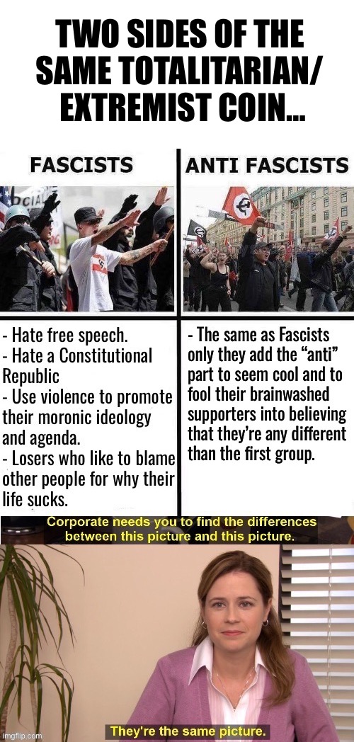 Thugs and terrorists… | TWO SIDES OF THE 
SAME TOTALITARIAN/ 
EXTREMIST COIN… | image tagged in political meme,these things are exactly the same,fascists,antifa,totalitarian,extremist | made w/ Imgflip meme maker