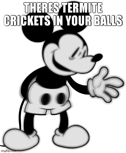 mickey | THERES TERMITE CRICKETS IN YOUR BALLS | image tagged in mickey | made w/ Imgflip meme maker