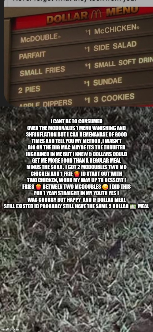 Readers highgest : How this man ordered McDonald's was legendary | I CANT BE TO CONSUMED OVER THE MCDONALDS 1 MENU VANISHING AND SHRINFLATION BUT I CAN REMENANASE OF GOOD TIMES AND TELL YOU MY METHOD ,I WASN'T BIG ON THE BIG MAC MAYBE ITS THE THRUFTER INGRAINED IN ME BUT I KNEW 5 DOLLARS COULD GET ME MORE FOOD THAN A REGULAR MEAL MINUS THE SODA . I GOT 2 MCDOUBLES TWO MC CHICKEN AND 1 FRIE 🍟 ID START OUT WITH TWO CHICKEN, WORK MY WAY UP TO DESSERT ( FRIES 🍟 BETWEEN TWO MCDOUBLES 😋 I DID THIS FOR 1 YEAR STRAIGHT IN MY YOUTH YES I WAS CHUBBY BUT HAPPY  AND IF DOLLAR MEAL STILL EXISTED ID PROBABLY STILL HAVE THE SAME 5 DOLLAR 💵  MEAL | image tagged in mcdonalds,fast food,wtf | made w/ Imgflip meme maker