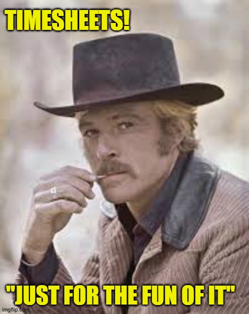 Robert Redford TImesheet Reminder | TIMESHEETS! "JUST FOR THE FUN OF IT" | image tagged in robert redford timesheet reminder,timesheet reminder,timesheet meme,just for the fun of it,memes | made w/ Imgflip meme maker