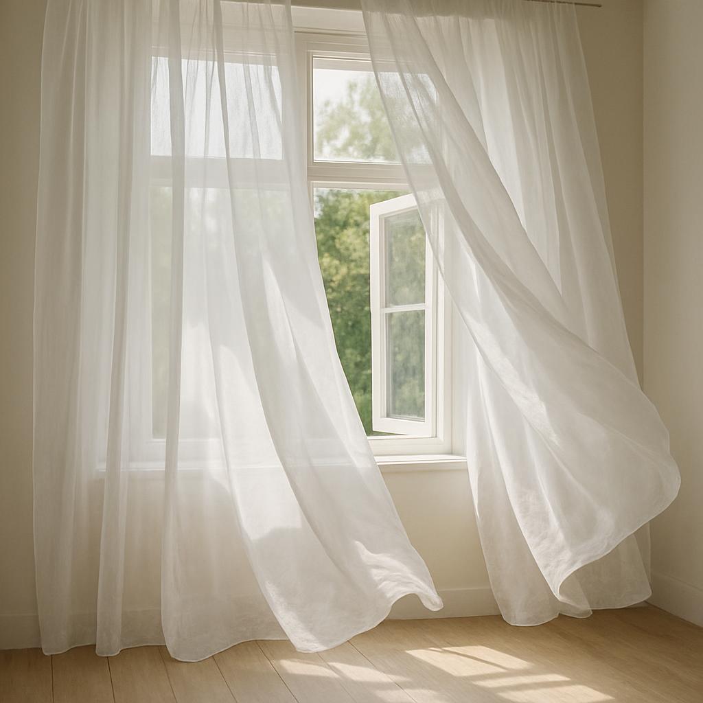 Diaphanous white curtains gently blowing in the breeze Blank Meme Template