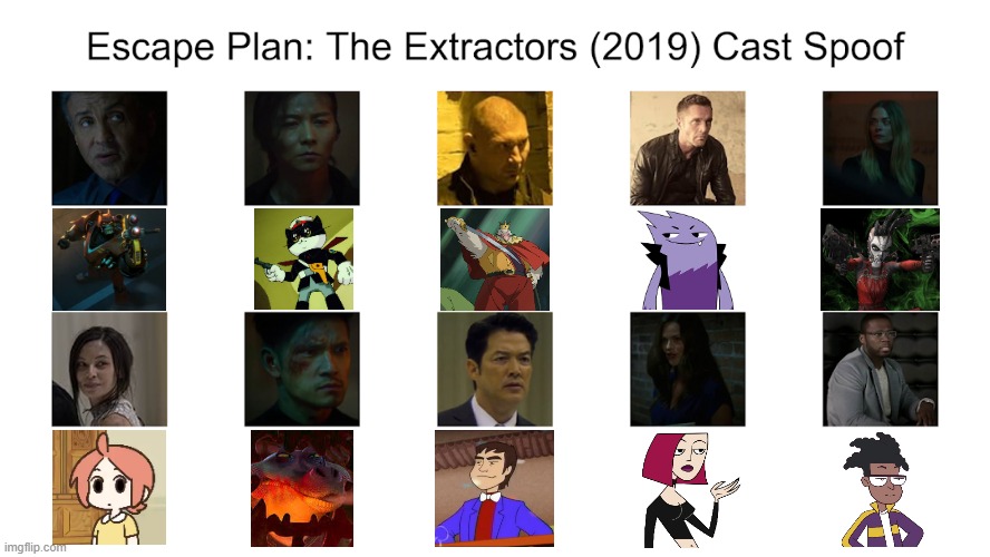 Credit to Waldness Topic International for this used | image tagged in meme,memes,spoof cast,escape plan the extractor,characters,roles | made w/ Imgflip meme maker