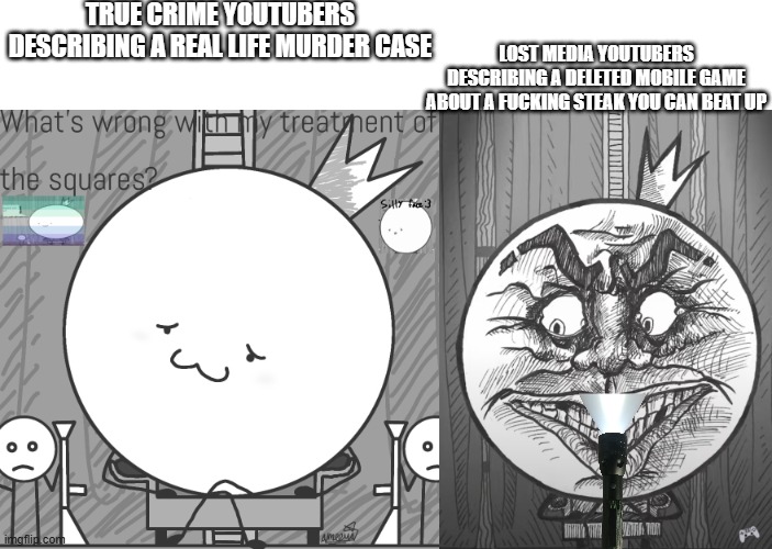 TRUE CRIME YOUTUBERS DESCRIBING A REAL LIFE MURDER CASE; LOST MEDIA YOUTUBERS DESCRIBING A DELETED MOBILE GAME ABOUT A FUCKING STEAK YOU CAN BEAT UP | image tagged in lost media,youtubers | made w/ Imgflip meme maker
