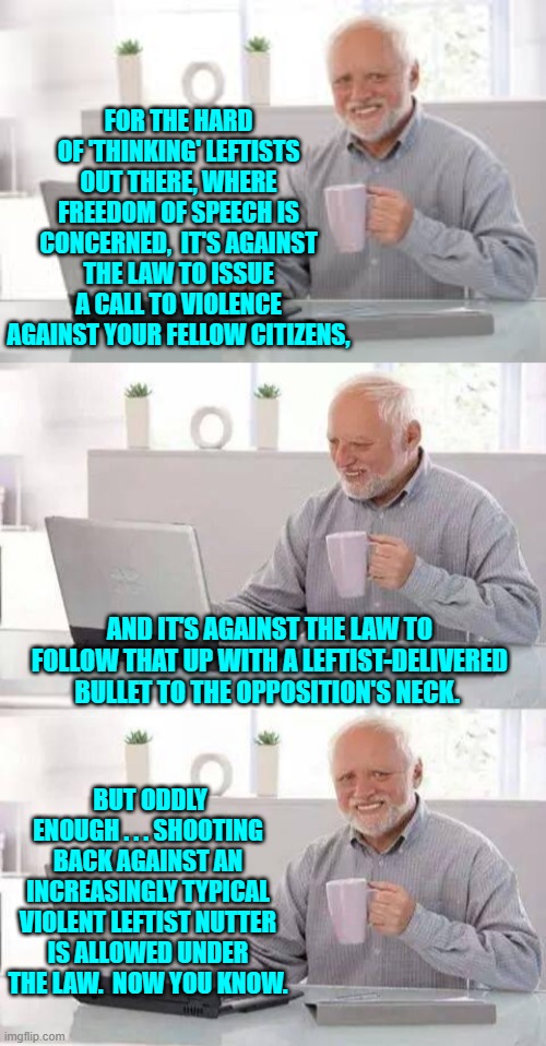 For the leftists on that other stream who've been promoting the murdering of conservatives. | FOR THE HARD OF 'THINKING' LEFTISTS OUT THERE, WHERE FREEDOM OF SPEECH IS CONCERNED,  IT'S AGAINST THE LAW TO ISSUE A CALL TO VIOLENCE AGAINST YOUR FELLOW CITIZENS, AND IT'S AGAINST THE LAW TO FOLLOW THAT UP WITH A LEFTIST-DELIVERED BULLET TO THE OPPOSITION'S NECK. BUT ODDLY ENOUGH . . . SHOOTING BACK AGAINST AN INCREASINGLY TYPICAL VIOLENT LEFTIST NUTTER IS ALLOWED UNDER THE LAW.  NOW YOU KNOW. | image tagged in hide the pain harold | made w/ Imgflip meme maker