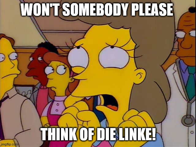 Helen Lovejoy - Children | WON'T SOMEBODY PLEASE; THINK OF DIE LINKE! | image tagged in helen lovejoy - children | made w/ Imgflip meme maker