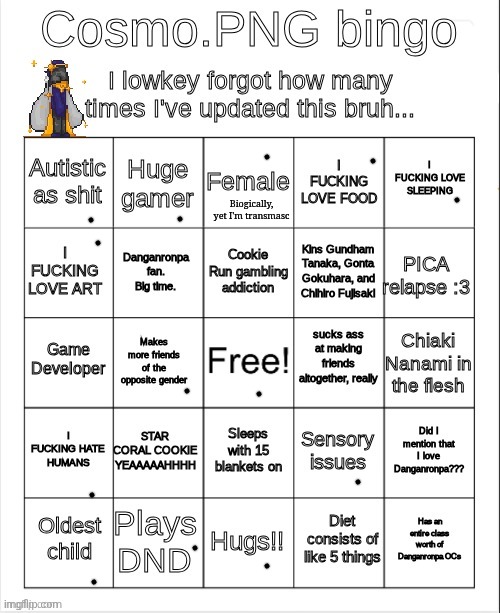 Cosmo.PNG Bingo (evil version) | Biogically, yet I'm transmasc | image tagged in cosmo png bingo evil version | made w/ Imgflip meme maker