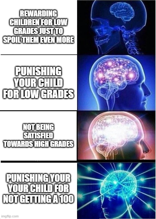 Asian mom mentality (#4 happened to my friend) | REWARDING CHILDREN FOR LOW GRADES JUST TO SPOIL THEM EVEN MORE; PUNISHING YOUR CHILD FOR LOW GRADES; NOT BEING SATISFIED TOWARDS HIGH GRADES; PUNISHING YOUR YOUR CHILD FOR NOT GETTING A 100 | image tagged in memes,expanding brain | made w/ Imgflip meme maker