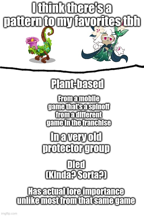 SPOILERS BTW (Not directly said what happens but they're there) | I think there's a pattern to my favorites tbh; Plant-based; From a mobile game that's a spinoff from a different game in the franchise; In a very old protector group; Died (Kinda? Sorta?); Has actual lore importance unlike most from that same game | image tagged in my singing monsters,cookie run,i would do anything for these two ngl,they're silly,and they did not deserve what they got | made w/ Imgflip meme maker