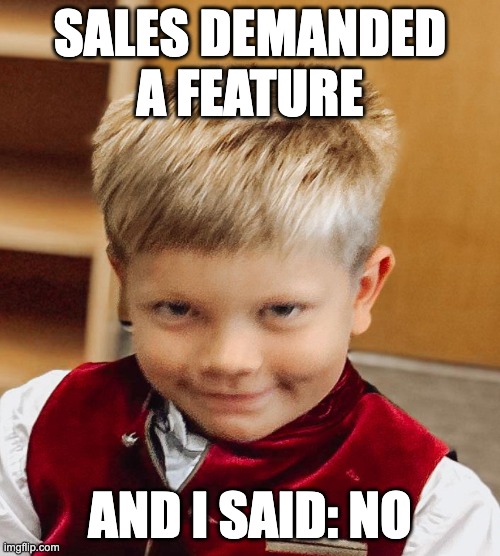 Smirking Boy | SALES DEMANDED A FEATURE; AND I SAID: NO | image tagged in boy,smirk,naughty,bavaria | made w/ Imgflip meme maker