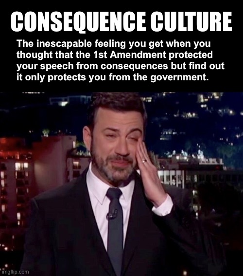 Jimmy Kimmel cries  | CONSEQUENCE CULTURE; The inescapable feeling you get when you 
thought that the 1st Amendment protected 
your speech from consequences but find out 
it only protects you from the government. | image tagged in jimmy kimmel cries | made w/ Imgflip meme maker