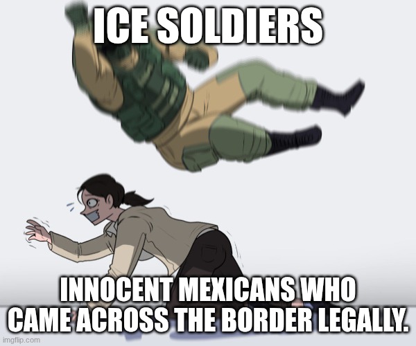 Politics | ICE SOLDIERS; INNOCENT MEXICANS WHO CAME ACROSS THE BORDER LEGALLY. | image tagged in soldier attack,police | made w/ Imgflip meme maker