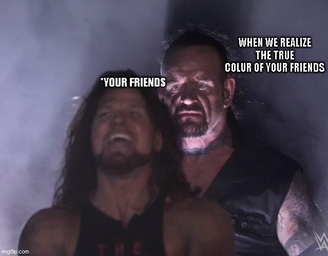undertaker | WHEN WE REALIZE THE TRUE COLUR OF YOUR FRIENDS; *YOUR FRIENDS | image tagged in undertaker | made w/ Imgflip meme maker