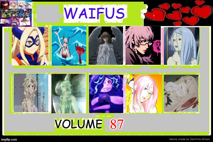 waifus volume 87 | 87 | image tagged in top 10 waifus,volume,87,anime,waifus,mythical | made w/ Imgflip meme maker