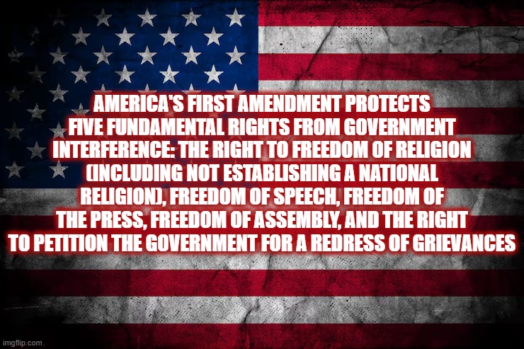 America's First Amendment | AMERICA'S FIRST AMENDMENT PROTECTS FIVE FUNDAMENTAL RIGHTS FROM GOVERNMENT INTERFERENCE: THE RIGHT TO FREEDOM OF RELIGION (INCLUDING NOT ESTABLISHING A NATIONAL RELIGION), FREEDOM OF SPEECH, FREEDOM OF THE PRESS, FREEDOM OF ASSEMBLY, AND THE RIGHT TO PETITION THE GOVERNMENT FOR A REDRESS OF GRIEVANCES | image tagged in america,constitution,first amendment,freedom of religion,freedom of speech,freedom | made w/ Imgflip meme maker