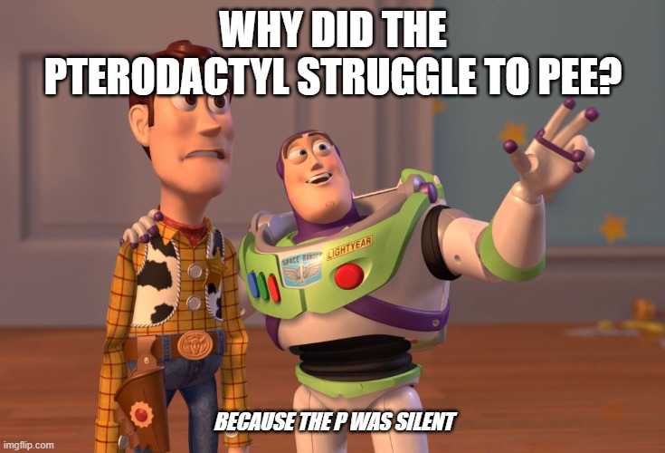 When you're bored lmao | WHY DID THE PTERODACTYL STRUGGLE TO PEE? BECAUSE THE P WAS SILENT | image tagged in memes,x x everywhere | made w/ Imgflip meme maker