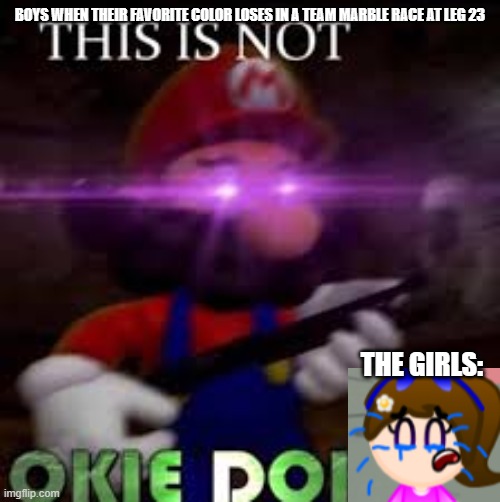 This is not okie dokie | BOYS WHEN THEIR FAVORITE COLOR LOSES IN A TEAM MARBLE RACE AT LEG 23; THE GIRLS: | image tagged in this is not okie dokie | made w/ Imgflip meme maker