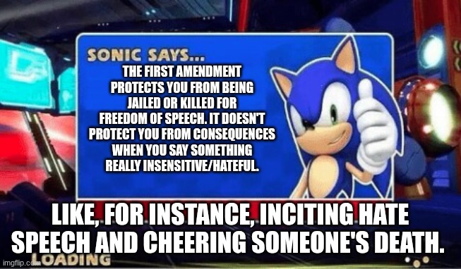 Sonic Says | THE FIRST AMENDMENT PROTECTS YOU FROM BEING JAILED OR KILLED FOR FREEDOM OF SPEECH. IT DOESN'T PROTECT YOU FROM CONSEQUENCES WHEN YOU SAY SO | image tagged in sonic says | made w/ Imgflip meme maker