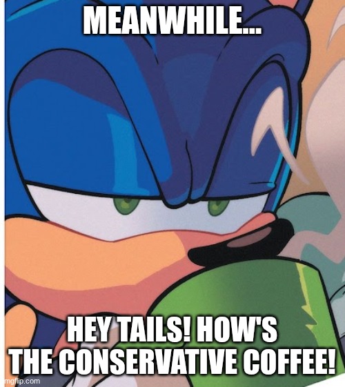 sonic tea sip | MEANWHILE... HEY TAILS! HOW'S THE CONSERVATIVE COFFEE! | image tagged in sonic tea sip | made w/ Imgflip meme maker