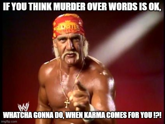 hulk hogan | IF YOU THINK MURDER OVER WORDS IS OK, WHATCHA GONNA DO, WHEN KARMA COMES FOR YOU !?! | image tagged in hulk hogan | made w/ Imgflip meme maker