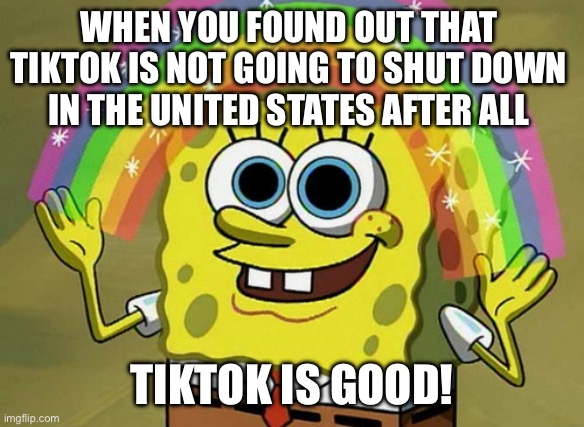 Don’t shut TikTok down in the United States! | WHEN YOU FOUND OUT THAT TIKTOK IS NOT GOING TO SHUT DOWN IN THE UNITED STATES AFTER ALL; TIKTOK IS GOOD! | image tagged in imagination spongebob,tiktok,imagination,spongebob,spongebob squarepants,rainbow | made w/ Imgflip meme maker