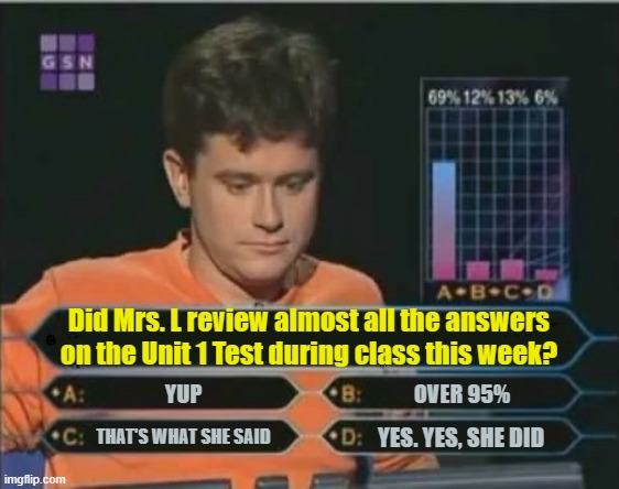 Ask the Audience | Did Mrs. L review almost all the answers on the Unit 1 Test during class this week? YUP; OVER 95%; THAT'S WHAT SHE SAID; YES. YES, SHE DID | image tagged in ask the audience | made w/ Imgflip meme maker
