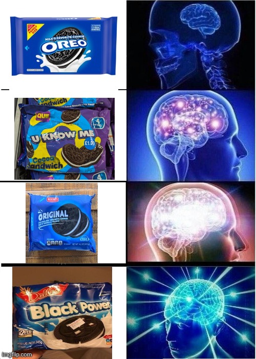 Oreo Knockoffs | image tagged in memes,expanding brain,oreo,knockoff | made w/ Imgflip meme maker