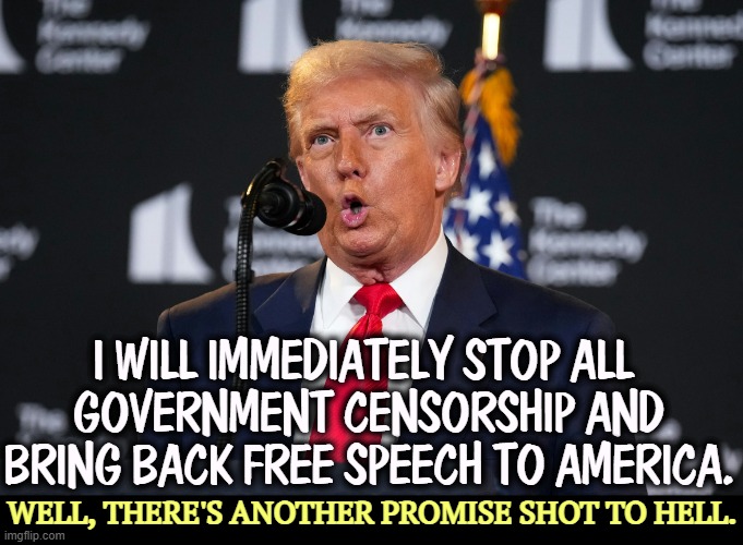 The First Amendment only applies to people named Donald Trump. If your name is not Donald Trump, we can get you fired. | I WILL IMMEDIATELY STOP ALL 
GOVERNMENT CENSORSHIP AND BRING BACK FREE SPEECH TO AMERICA. WELL, THERE'S ANOTHER PROMISE SHOT TO HELL. | image tagged in trump crazy promising no censorship and bring back free speech,trump,censorship,free speech,fascist,dictator | made w/ Imgflip meme maker