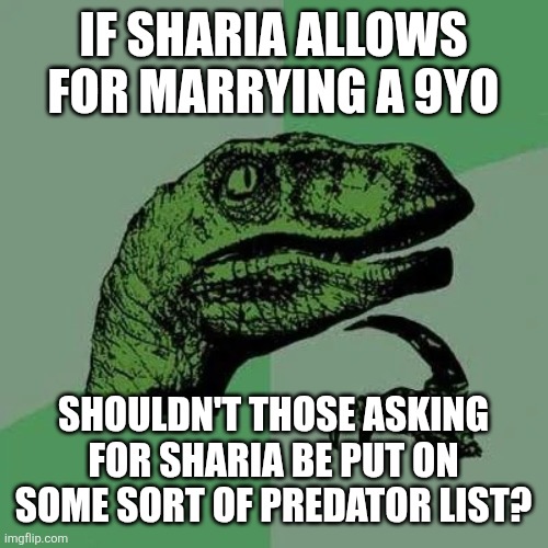 raptor asking questions | IF SHARIA ALLOWS FOR MARRYING A 9YO; SHOULDN'T THOSE ASKING FOR SHARIA BE PUT ON SOME SORT OF PREDATOR LIST? | image tagged in raptor asking questions,funny memes | made w/ Imgflip meme maker