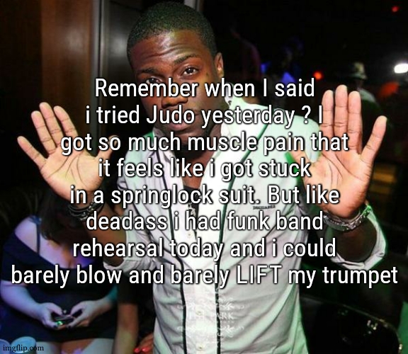 i am in physical pain | Remember when I said i tried Judo yesterday ? I got so much muscle pain that it feels like i got stuck in a springlock suit. But like deadass i had funk band rehearsal today and i could barely blow and barely LIFT my trumpet | image tagged in kevin hart hands up | made w/ Imgflip meme maker