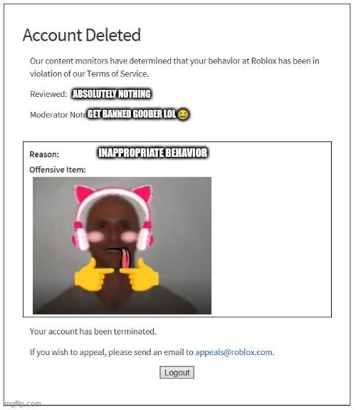 look why people are getting banned | ABSOLUTELY NOTHING; GET BANNED GOOBER LOL 😂; INAPPROPRIATE BEHAVIOR | image tagged in banned from roblox | made w/ Imgflip meme maker