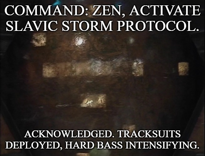 Blake's 7 Zen | COMMAND: ZEN, ACTIVATE SLAVIC STORM PROTOCOL. ACKNOWLEDGED. TRACKSUITS DEPLOYED, HARD BASS INTENSIFYING. | image tagged in blake's 7 zen,slavic storm | made w/ Imgflip meme maker