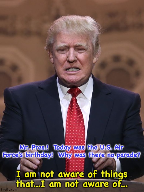 U.S. Air Force established in 1947 | Mr. Pres.!  Today was the U.S. Air Force's birthday!  Why was there no parade? I am not aware of things that...I am not aware of... | image tagged in donald trump | made w/ Imgflip meme maker
