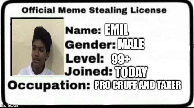 Meme Stealing License | EMIL; MALE; 99+; TODAY; PRO CRUFF AND TAXER | image tagged in meme stealing license | made w/ Imgflip meme maker