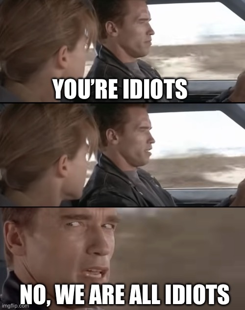 Im an idiot, but I know it | YOU’RE IDIOTS; NO, WE ARE ALL IDIOTS | image tagged in skynet becomes self-aware august 29th,idiots,thanos should've killed all of us,did you mean | made w/ Imgflip meme maker