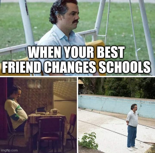 When real life kicks in | WHEN YOUR BEST FRIEND CHANGES SCHOOLS | image tagged in memes,sad pablo escobar | made w/ Imgflip meme maker
