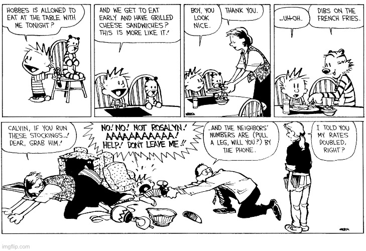 Another visit from Rosalyn the babysitter… | image tagged in calvin and hobbes,comics,rosalyn,babysitter,night out | made w/ Imgflip meme maker