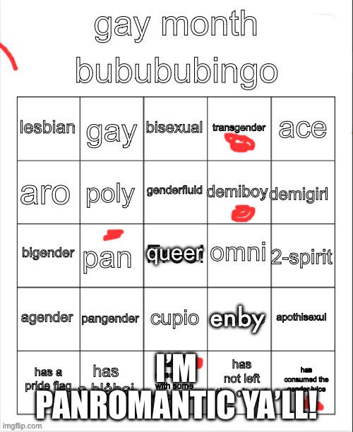 gay bingo | I’M PANROMANTIC YA’LL! | image tagged in gay bingo | made w/ Imgflip meme maker
