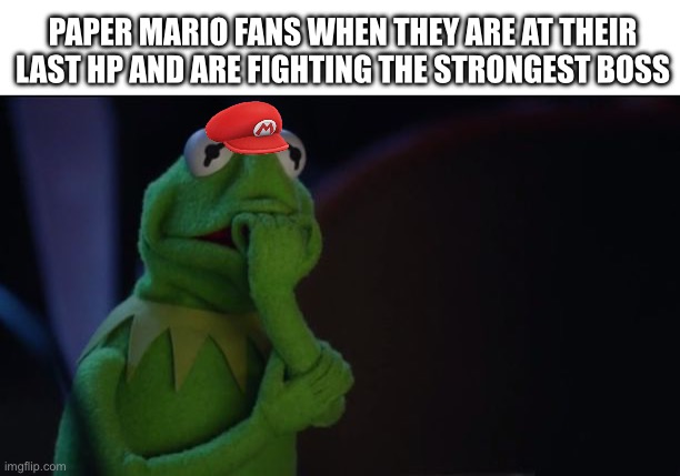The fights are hell pls help | PAPER MARIO FANS WHEN THEY ARE AT THEIR LAST HP AND ARE FIGHTING THE STRONGEST BOSS | image tagged in kermit worried face,mario | made w/ Imgflip meme maker