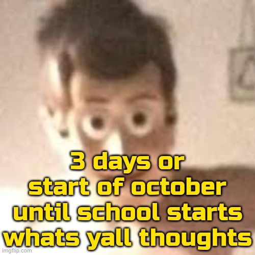ts moment cant have reposts | 3 days or start of october until school starts
whats yall thoughts | image tagged in normal woody | made w/ Imgflip meme maker