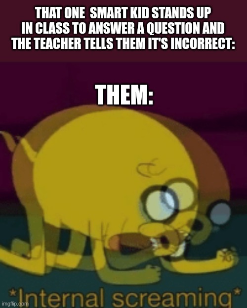 Jake The Dog Internal Screaming | THAT ONE  SMART KID STANDS UP IN CLASS TO ANSWER A QUESTION AND THE TEACHER TELLS THEM IT'S INCORRECT:; THEM: | image tagged in jake the dog internal screaming | made w/ Imgflip meme maker