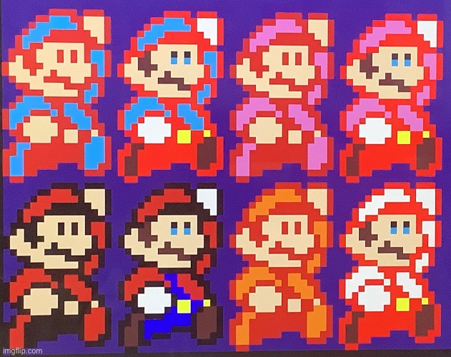 1st column and 3rd column are sprites in the original smb3 style and the 2nd and 4th are those sprites but with a modern style | made w/ Imgflip meme maker