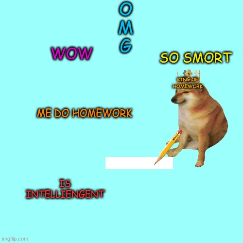 Blank Transparent Square | O
M
G; WOW; SO SMORT; KING OF HOMEWORK; ME DO HOMEWORK; IS INTELLIENGENT | image tagged in memes,blank transparent square | made w/ Imgflip meme maker