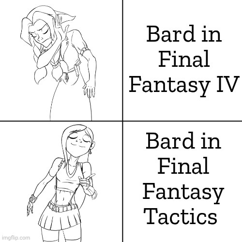 A huge difference | Bard in Final Fantasy IV; Bard in
Final
Fantasy
Tactics | image tagged in final fantasy aeirth tiffa bad idea good idea,videogames,job,comparison,he does exactly what i do but better | made w/ Imgflip meme maker