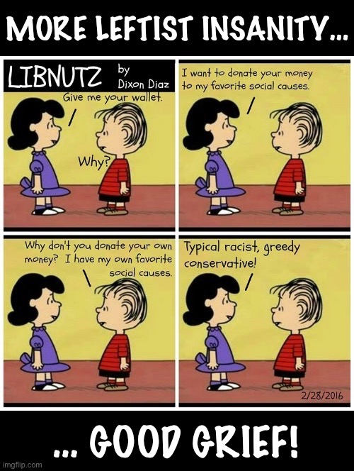 Another one of their favorite things… | … GOOD GRIEF! | image tagged in political meme,comics,libnutz,linus and lucy,spend your money,leftists | made w/ Imgflip meme maker