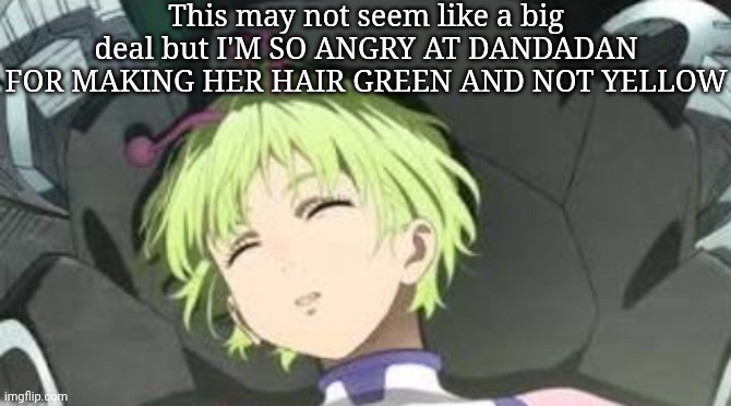 Don't mind me I'm just crashing out | This may not seem like a big deal but I'M SO ANGRY AT DANDADAN FOR MAKING HER HAIR GREEN AND NOT YELLOW | made w/ Imgflip meme maker