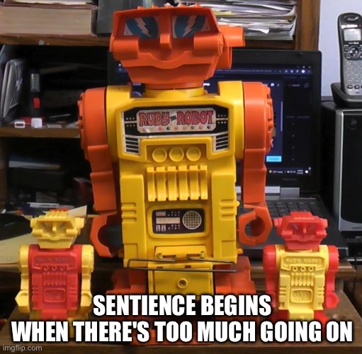 sentience | SENTIENCE BEGINS WHEN THERE'S TOO MUCH GOING ON | image tagged in robots,sentience | made w/ Imgflip meme maker