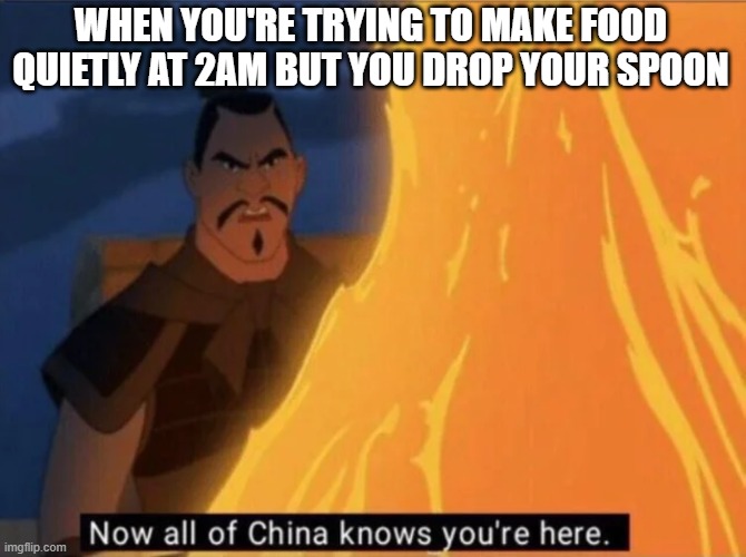 "Please shut up" -Me, to the spoon | WHEN YOU'RE TRYING TO MAKE FOOD QUIETLY AT 2AM BUT YOU DROP YOUR SPOON | image tagged in now all of china knows you're here,memes,funny,food memes,spoon,relatable | made w/ Imgflip meme maker