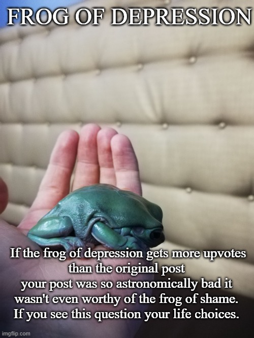 feel free to use | FROG OF DEPRESSION; If the frog of depression gets more upvotes
than the original post your post was so astronomically bad it wasn't even worthy of the frog of shame. If you see this question your life choices. | image tagged in sad frog,funny,memes,new template | made w/ Imgflip meme maker