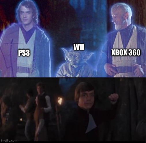 return of the jedi end scene | PS3 WII XBOX 360 | image tagged in return of the jedi end scene | made w/ Imgflip meme maker